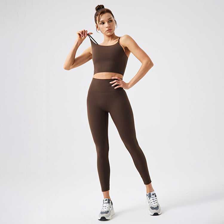 Women Sports Bra & Leggings Yoga /gym Pants Cord Set - Brown